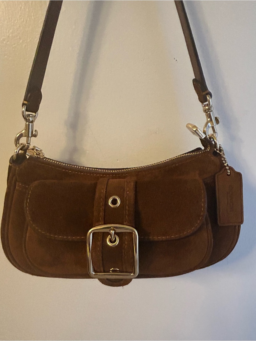 Coach Suede Shoulder Bag in Rich Brown with Silver Buckle
